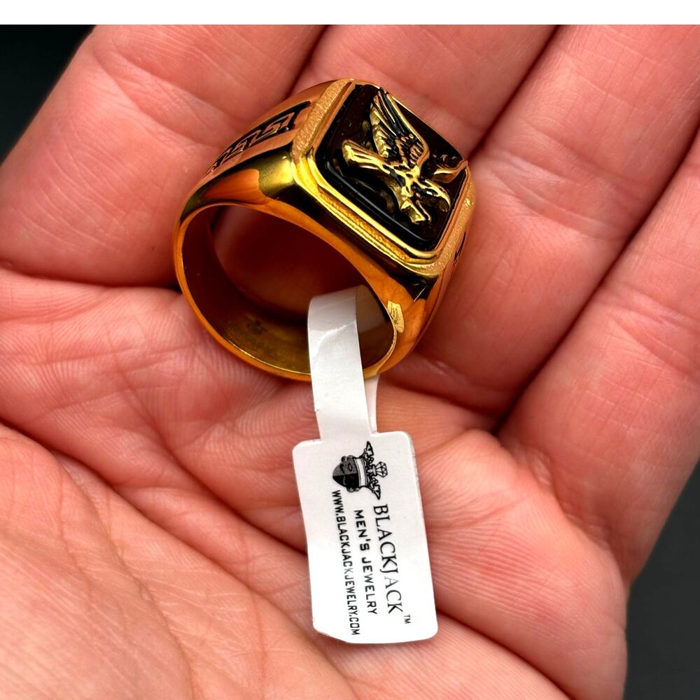 Blackjack BJZ03G Mens Onyx Eagle Ring 18K Gold Plated Stainless Steel NWT SZ#13 - Picture 14 of 16